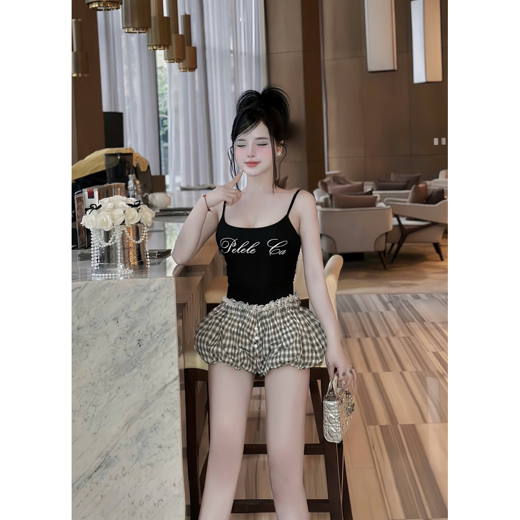Set áo 2 dây in chữ mix quần sooc kê bồng ngắn