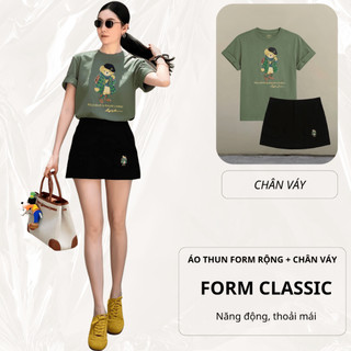Set Bộ Áo Thun Nữ CHEPOL Form Rộng, Cổ Tròn, Phối Chân Váy Ngắn, Chất Cotton (Áo Thun Xanh Rêu + Chân Váy Ngắn)-CP_10056