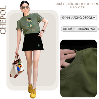Set Bộ Áo Thun Nữ CHEPOL Form Rộng, Cổ Tròn, Phối Chân Váy Ngắn, Chất Cotton (Áo Thun Xanh Rêu + Chân Váy Ngắn)-CP_10056