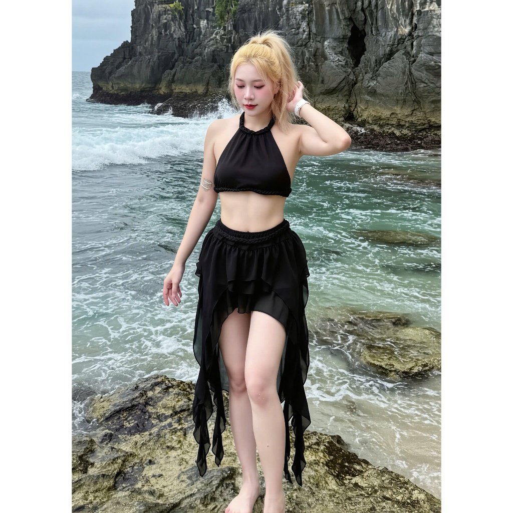 [ BKN 1015 ] Set đi biển CHINFON áo yếm dây đan + phối váy bèo tua rua cao cấp HAN.T SHOP