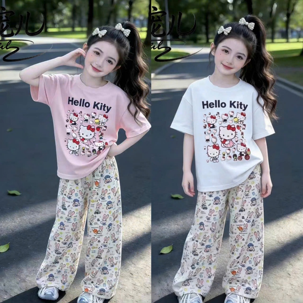 4-14 TUỔI.Bộ quần áo xinh mùa hè bé gái,quần xuông áo cộc tay in hình hello kitty dễ thương chất vải cotton mềm mịn.M76