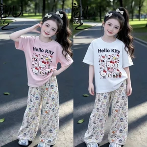 4-14 TUỔI.Bộ quần áo xinh mùa hè bé gái,quần xuông áo cộc tay in hình hello kitty dễ thương chất vải cotton mềm mịn.M76