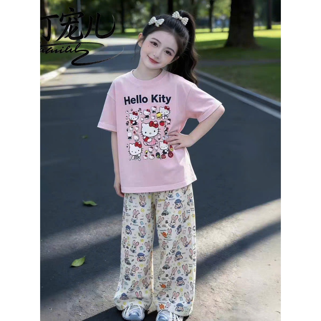 4-14 TUỔI.Bộ quần áo xinh mùa hè bé gái,quần xuông áo cộc tay in hình hello kitty dễ thương chất vải cotton mềm mịn.M76