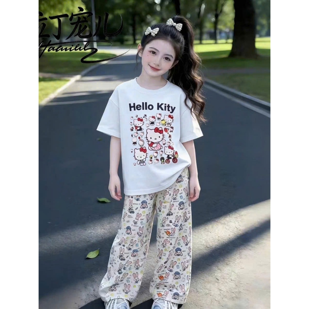 4-14 TUỔI.Bộ quần áo xinh mùa hè bé gái,quần xuông áo cộc tay in hình hello kitty dễ thương chất vải cotton mềm mịn.M76