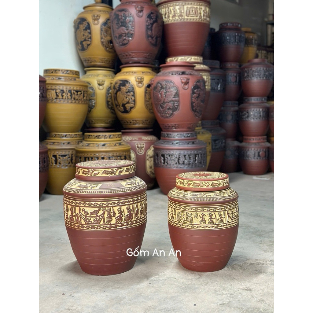 Chum Rượu Trống Đồng 2 Nắp🎁 Chum Gạo Phong Thuỷ Gốm Bát Tràng Cao Cấp