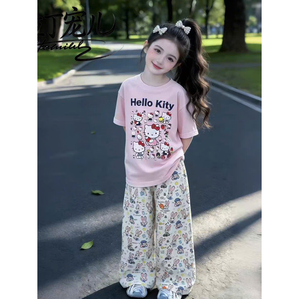 4-14 TUỔI.Bộ quần áo xinh mùa hè bé gái,quần xuông áo cộc tay in hình hello kitty dễ thương chất vải cotton mềm mịn.M76