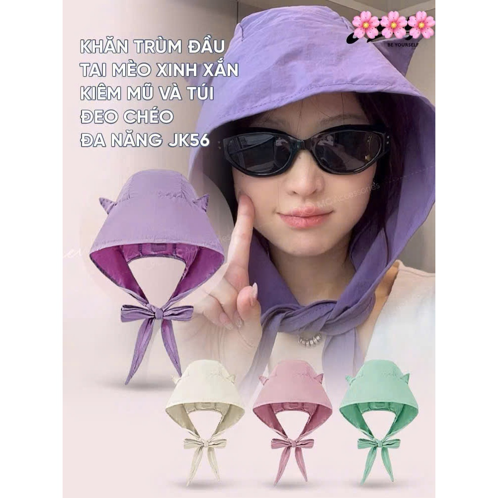Mũ Trùm Đầu Tai Mèo Đa Năng 3in1 Gồm Mũ, Khăn Choàng Và Túi Đeo Chéo Kiểu Mũ Chống Nắng Vải Dù Mát