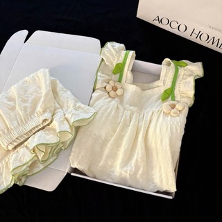 Đồ bộ mặc nhà nữ JOIE TRENDY, Bộ pijama đính HOA 3D babydoll chất xốp mềm mát cổ vuông viền bèo