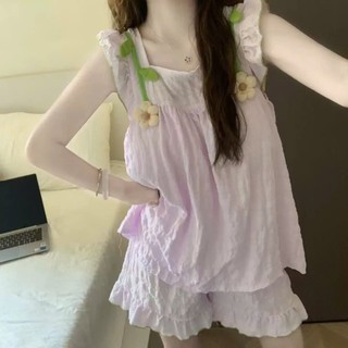 Đồ bộ mặc nhà nữ JOIE TRENDY, Bộ pijama đính HOA 3D babydoll chất xốp mềm mát cổ vuông viền bèo