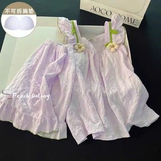 Đồ bộ mặc nhà nữ JOIE TRENDY, Bộ pijama đính HOA 3D babydoll chất xốp mềm mát cổ vuông viền bèo