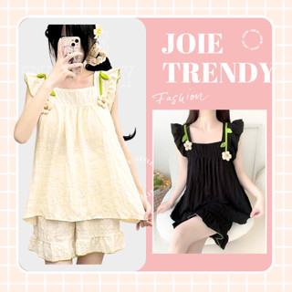 Đồ bộ mặc nhà nữ JOIE TRENDY, Bộ pijama đính HOA 3D babydoll chất xốp mềm mát cổ vuông viền bèo