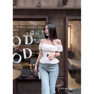 Áo trễ vai ren nữ chiết eo tôn dáng tiểu thư sang chảnh a4