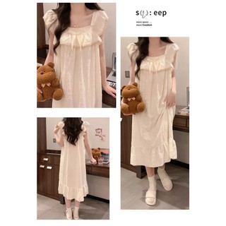 Váy ngủ nữ dáng dài babydoll JOIE TRENDY, Đầm mặc nhà tay cánh tiên cổ vuông viền bèo ren tiểu thư rộng rãi