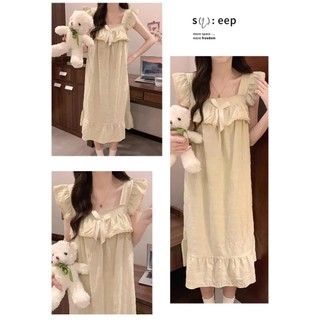 Váy ngủ nữ dáng dài babydoll JOIE TRENDY, Đầm mặc nhà tay cánh tiên cổ vuông viền bèo ren tiểu thư rộng rãi