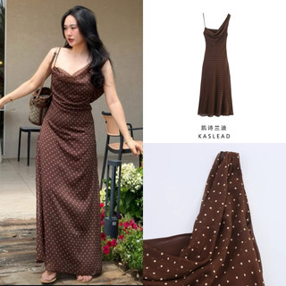 Đầm hai dây chấm bi nâu