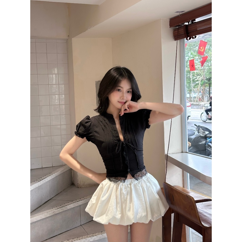 [SẴN HÀNG] Áo Kiểu Nữ Dáng Croptop Chi Tiết Cổ Tàu Tay Bồng Cột Dây Nơ Mùa Hè, Áo Kiểu Thắt eo tone dáng siêu xinh KA832