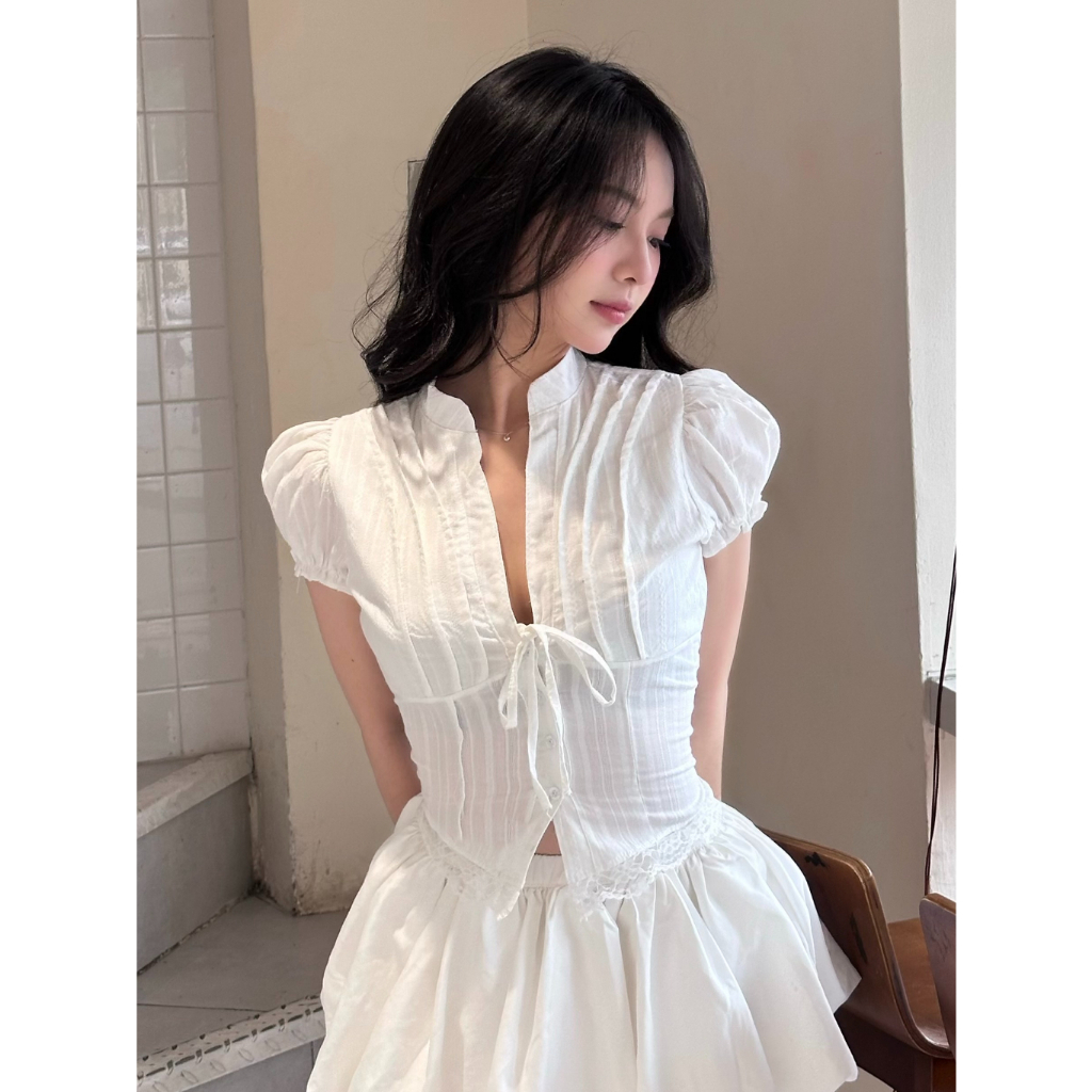 [SẴN HÀNG] Áo Kiểu Nữ Dáng Croptop Chi Tiết Cổ Tàu Tay Bồng Cột Dây Nơ Mùa Hè, Áo Kiểu Thắt eo tone dáng siêu xinh KA832