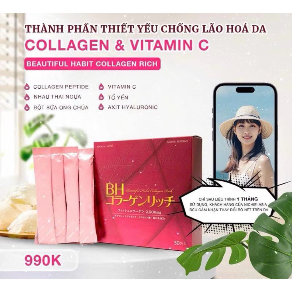BH Collagen Nichiei Bussan Thủy Phân -Hộp 30 gói- Thực phẩm bổ sung Collagen & Vitamin C cho cơ thể