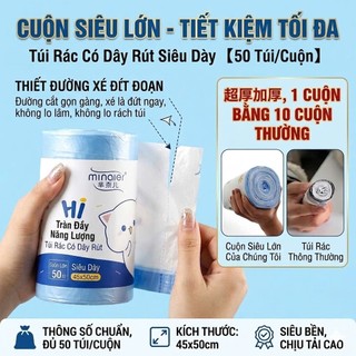 Túi Rác Dây Rút Cuộn 50 Túi Size 45x50cm – Túi Đựng Rác PE Siêu Dày, Dai Chắc Chắn, Chống Rò Rỉ, Có Quai Xách Tiện Lợi