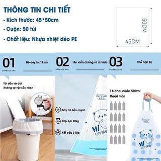 Túi Rác Dây Rút Cuộn 50 Túi Size 45x50cm – Túi Đựng Rác PE Siêu Dày, Dai Chắc Chắn, Chống Rò Rỉ, Có Quai Xách Tiện Lợi
