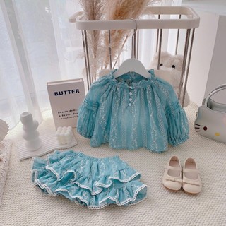 Quần áo trẻ em, Set xanh bé gái thêu hoạ tiết 9-26kg S2136 Tiểu Yến KID