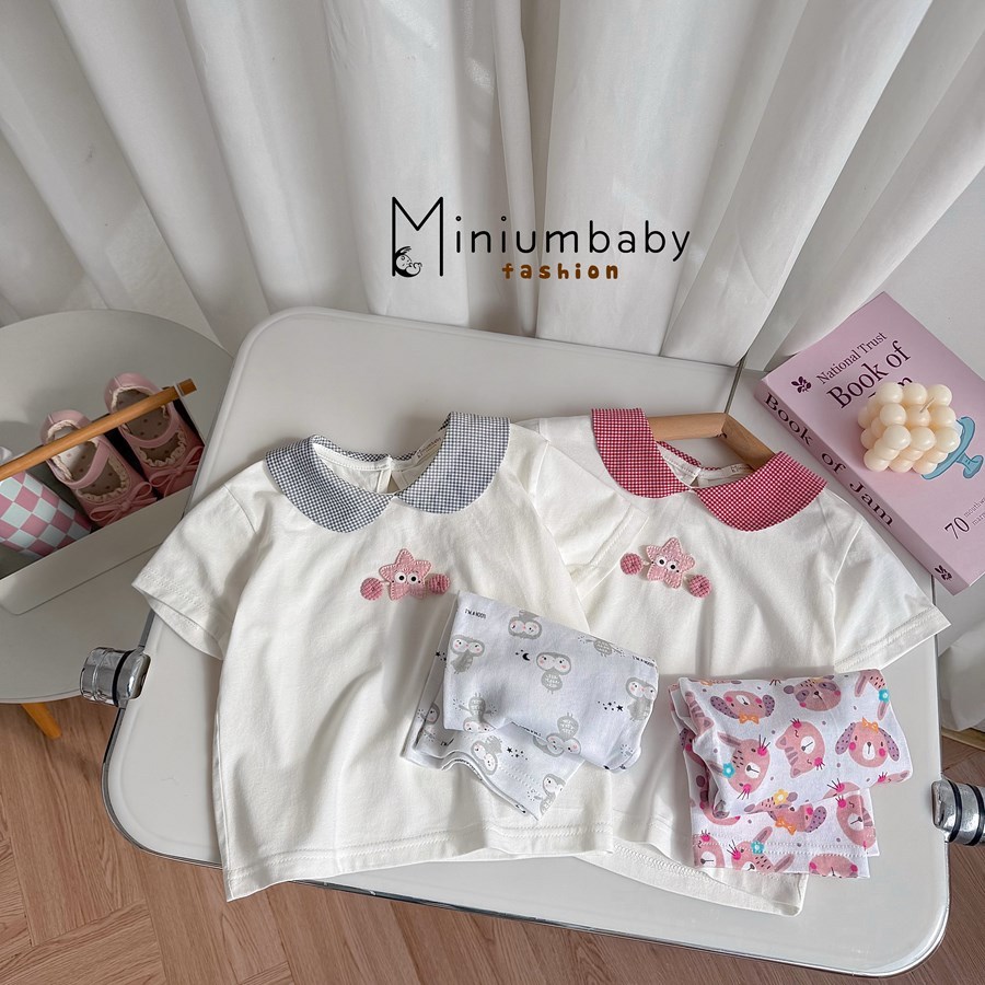 Set bộ cộc tay bé gái cổ sen Miniumbaby có cúc gáy gắn hình mix quần lửng chất cotton mềm mịn SB2622
