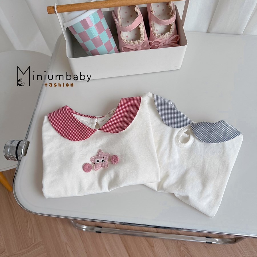 Set bộ cộc tay bé gái cổ sen Miniumbaby có cúc gáy gắn hình mix quần lửng chất cotton mềm mịn SB2622