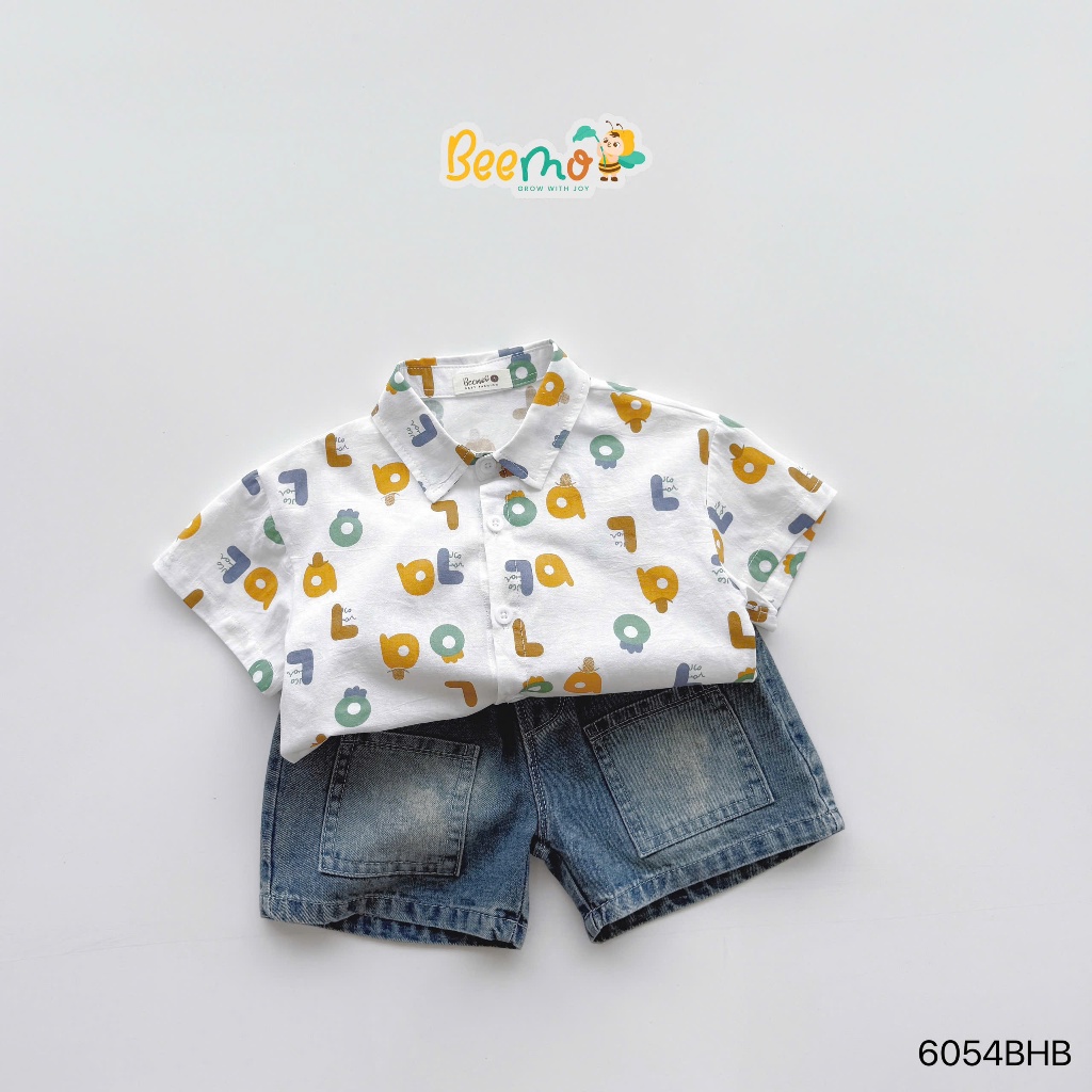 Bộ sơ mi in tràn hoạ tiết phối quần bò cho bé trai đi học đi chơi, set sơ mi quần bò bé trai