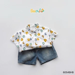 Bộ sơ mi in tràn hoạ tiết phối quần bò cho bé trai đi học đi chơi, set sơ mi quần bò bé trai