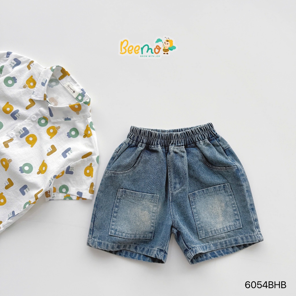 Bộ sơ mi in tràn hoạ tiết phối quần bò cho bé trai đi học đi chơi, set sơ mi quần bò bé trai
