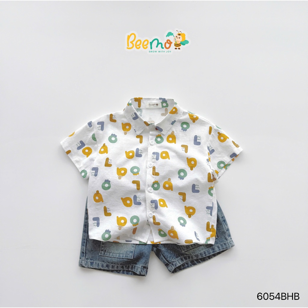 Bộ sơ mi in tràn hoạ tiết phối quần bò cho bé trai đi học đi chơi, set sơ mi quần bò bé trai