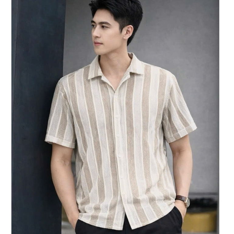 Áo Sơ Mi Nam Cộc Tay Đi Biển Dệt Lưới Họa Tiết Kẻ Sọc Cổ Vest Hàn Quốc Halley A55