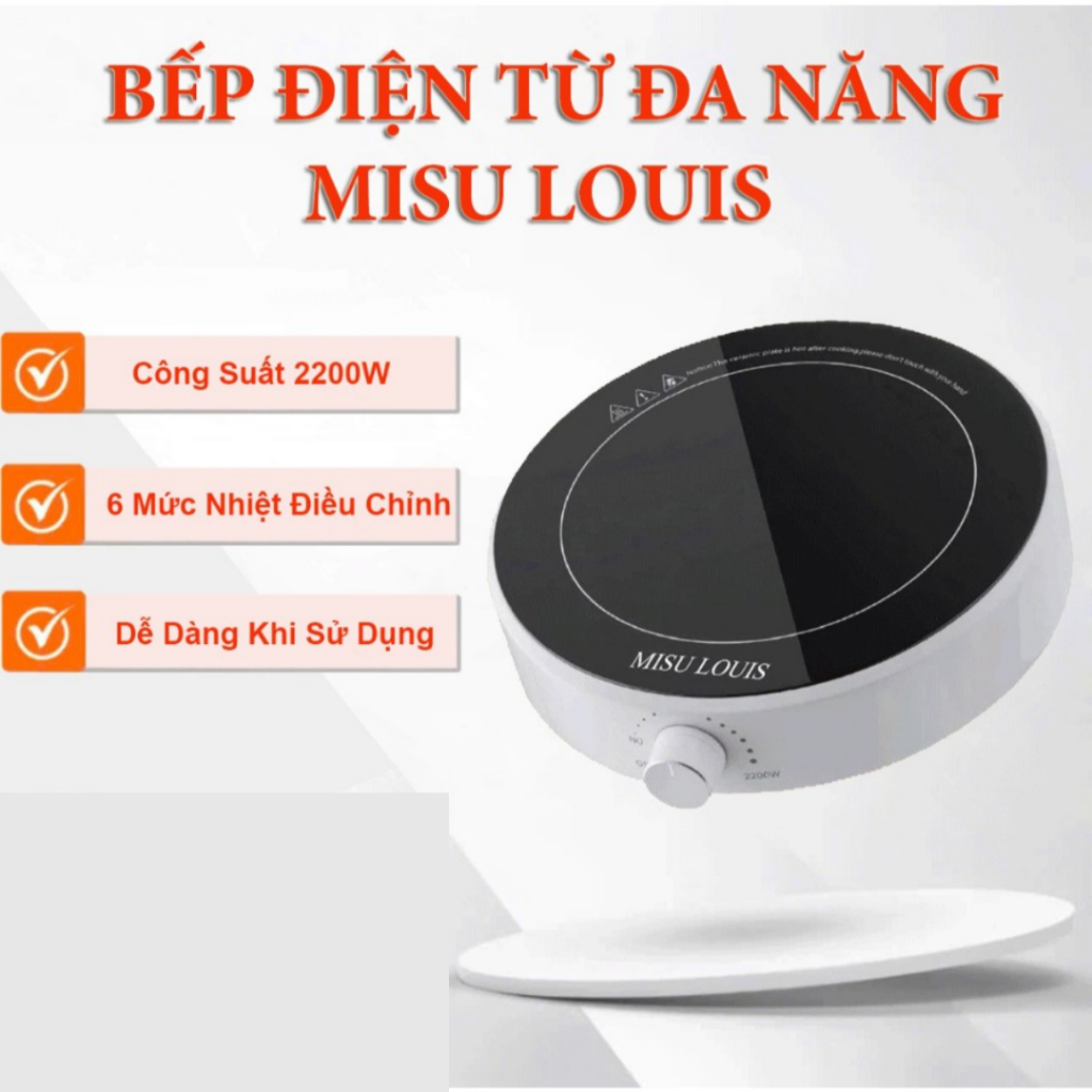 Bếp từ tròn cảm ứng đa năng MiSu, 6 chế độ nấu, Bếp điện từ núm xoay điều chỉnh, công suất 2200W