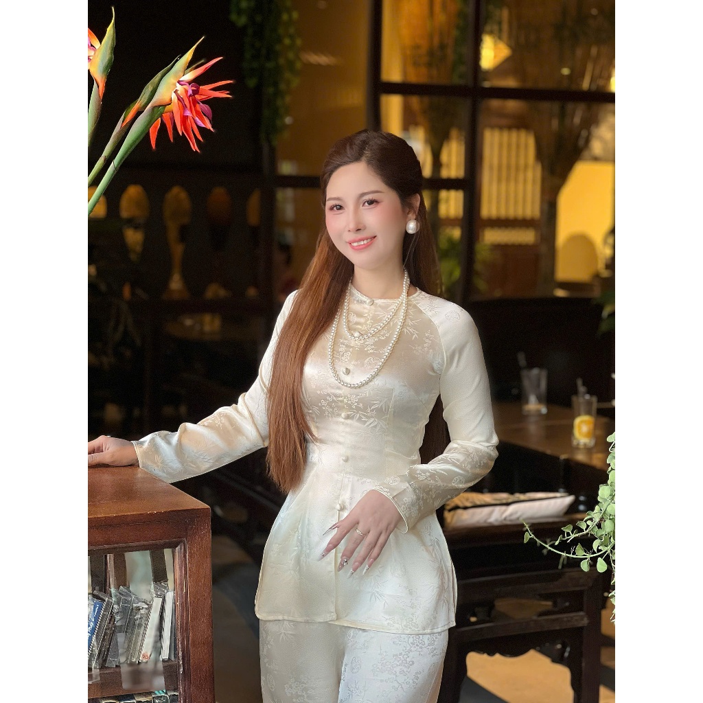 Hân Nguyễn Áo Bà Ba - B.A188 - Áo Gấm Thanh Nhã Lá Trúc Đồng Tiền Cổ Tròn Nút Nụ Bọc ( Quần Dây Kéo Cùng Chất )