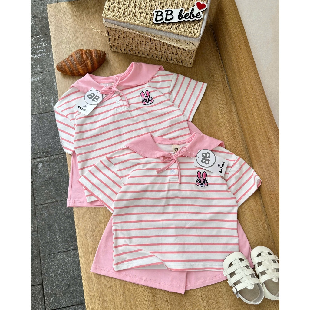 Bộ cotton bé gái tone hồng thêu hình, set bộ cotton cổ thuỷ thủ xinh xắn cho bé