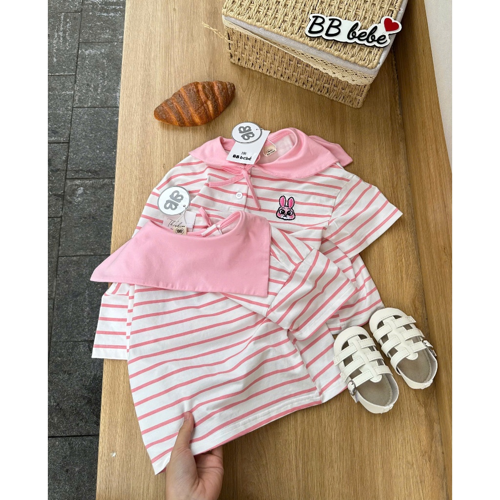 Bộ cotton bé gái tone hồng thêu hình, set bộ cotton cổ thuỷ thủ xinh xắn cho bé