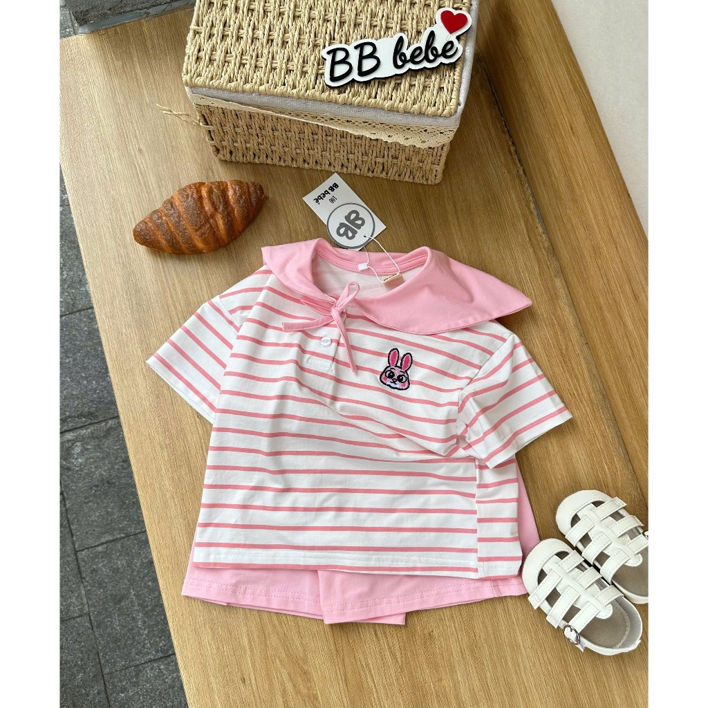 Bộ cotton bé gái tone hồng thêu hình, set bộ cotton cổ thuỷ thủ xinh xắn cho bé