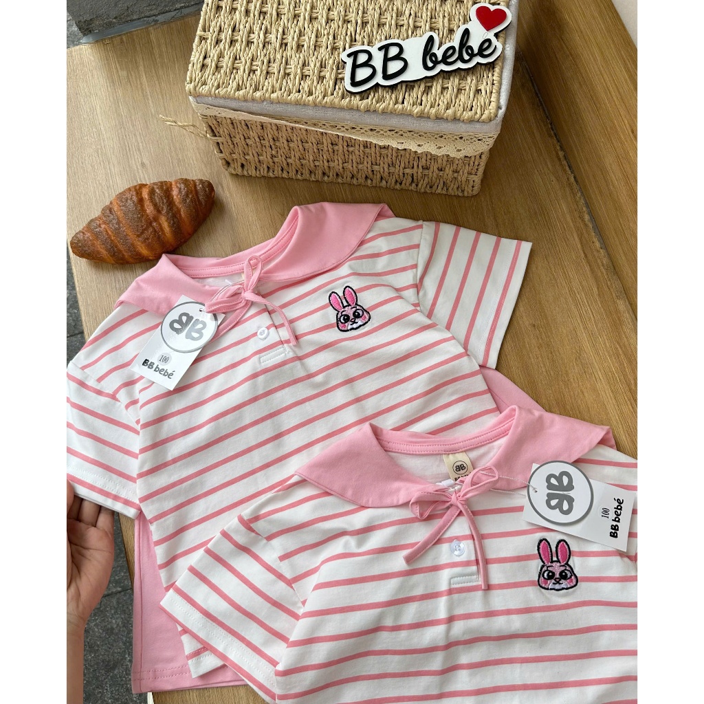 Bộ cotton bé gái tone hồng thêu hình, set bộ cotton cổ thuỷ thủ xinh xắn cho bé