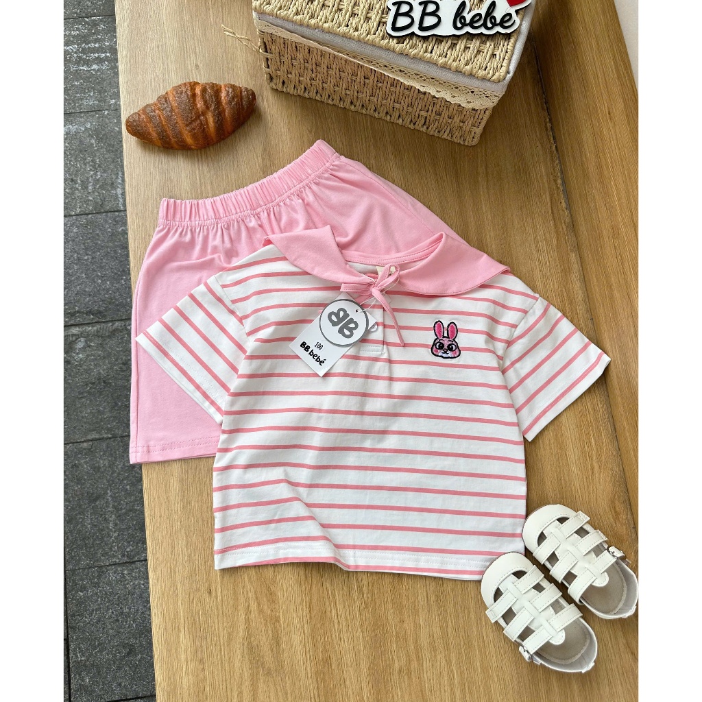 Bộ cotton bé gái tone hồng thêu hình, set bộ cotton cổ thuỷ thủ xinh xắn cho bé