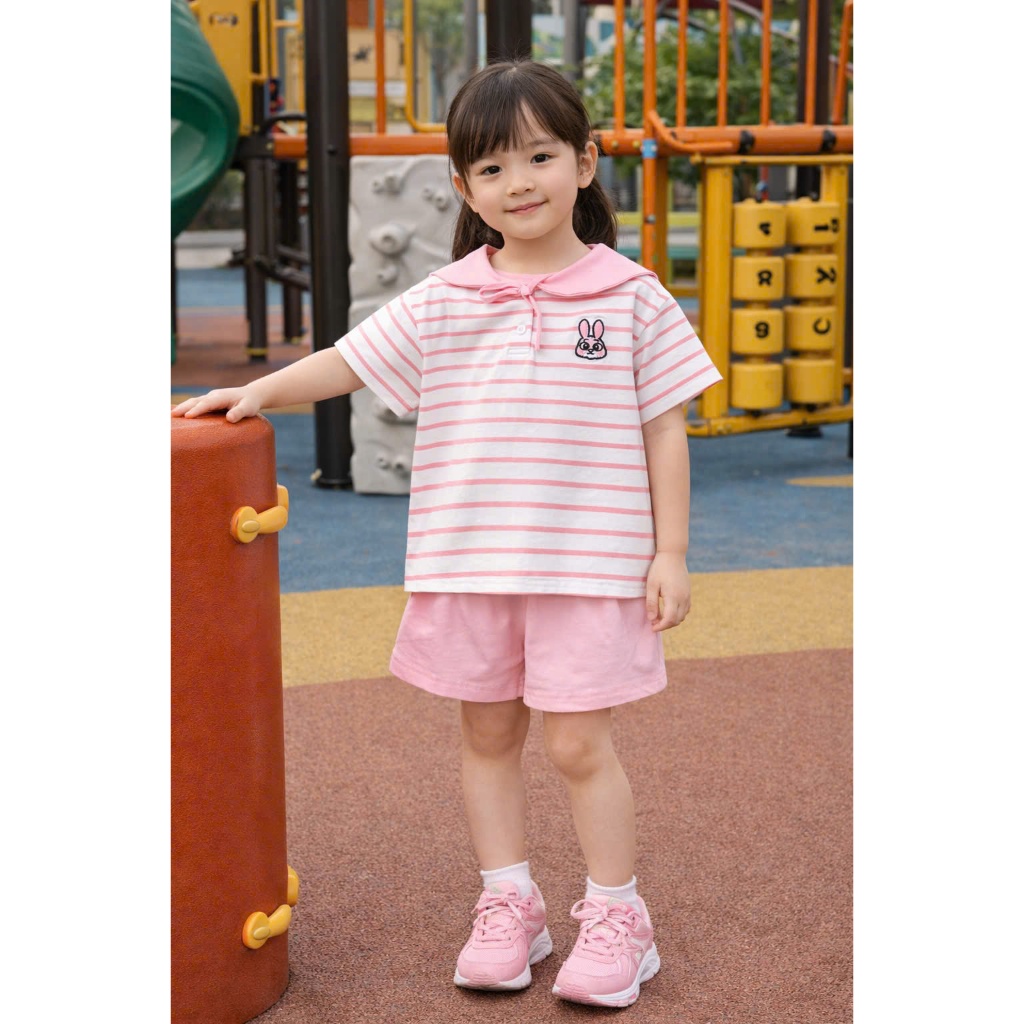 Bộ cotton bé gái tone hồng thêu hình, set bộ cotton cổ thuỷ thủ xinh xắn cho bé