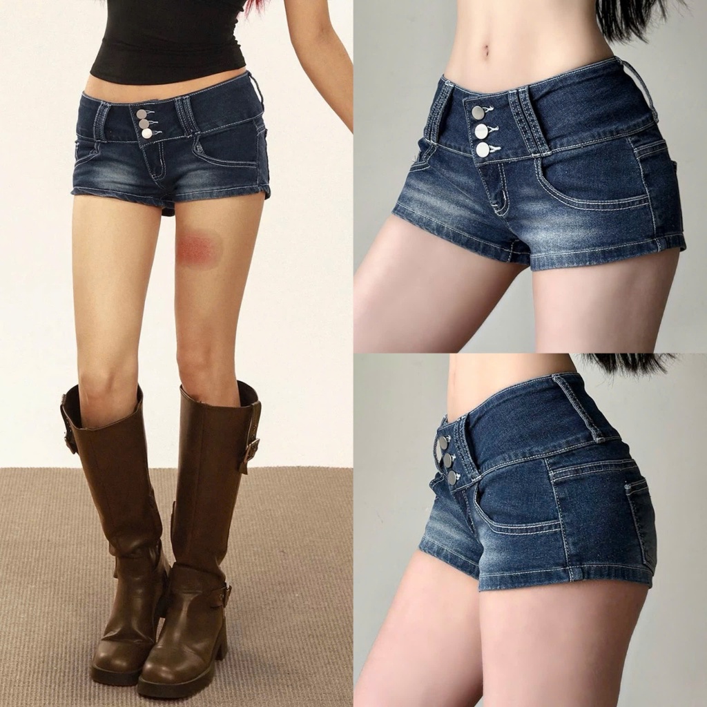 (SẴN) Quần short ngắn cạp trễ 3 khuy dáng ngắn màu xanh đậm wash trắng QSN022 - Tiktik