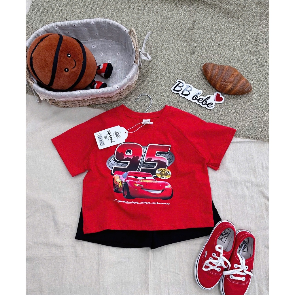 Bộ cotton in hoạ tiết ô tô đỏ, bộ thun cổ tròn mềm mát cho bé