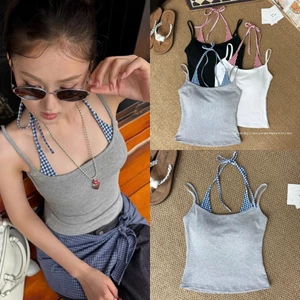 Áo hai dây layer yếm caro dáng ôm có sẵn mút đệm chất cotton màu trắng đen ghi xanh than đi biển AHD011 - Titkik