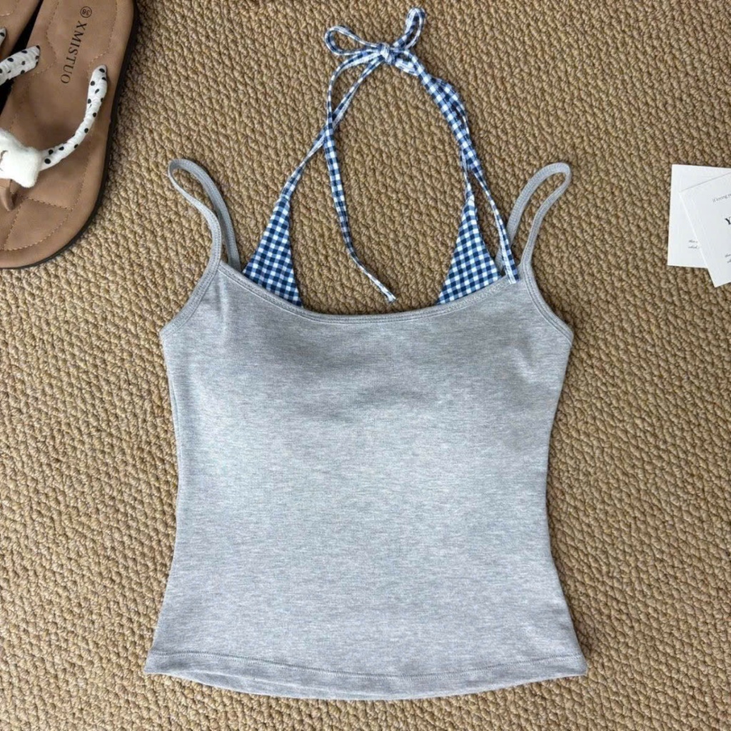 Áo hai dây layer yếm caro dáng ôm có sẵn mút đệm chất cotton màu trắng đen ghi xanh than đi biển AHD011 - Titkik