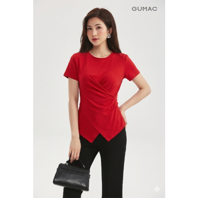 Áo Thun Nữ Cổ Tròn GUMAC Tay Ngắn Kiểu Đắp Vạt Chéo Xoắn Eo Tôn Dáng Chất Liệu Thun Gân Mềm Co Giãn LATF0521