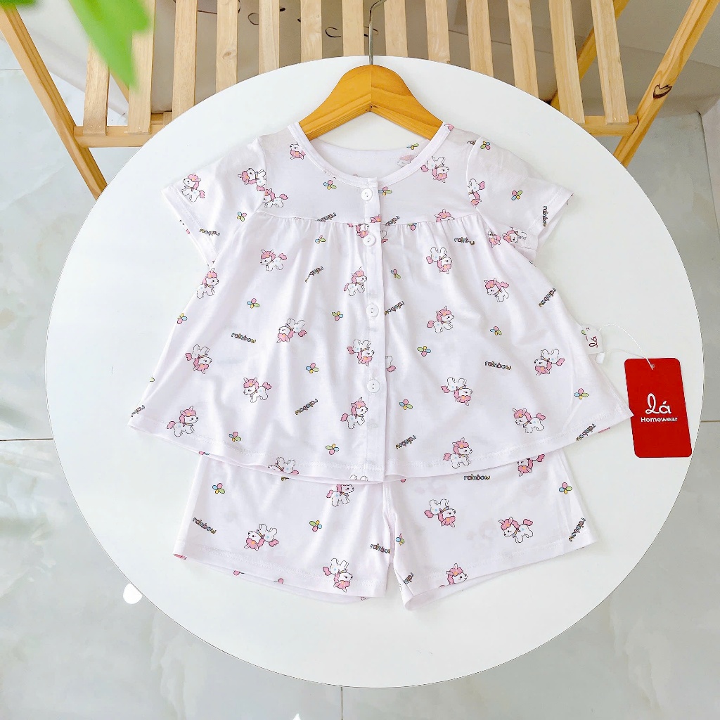 Bộ hè bé gái Tencel Lycra mỏng mát lạnh Lá Homewear A393, bộ cộc tay cho bé quần đùi babydoll