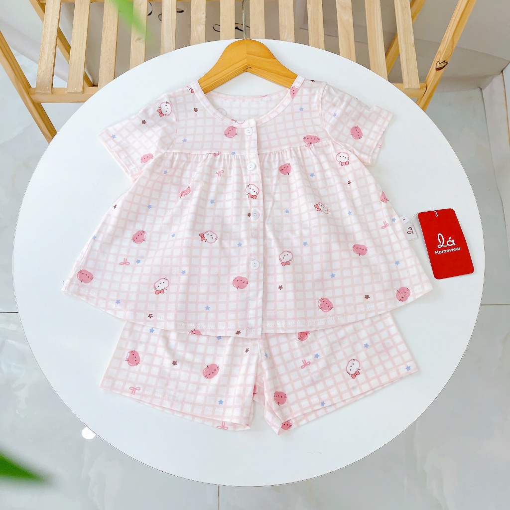 Bộ hè bé gái Tencel Lycra mỏng mát lạnh Lá Homewear A393, bộ cộc tay cho bé quần đùi babydoll