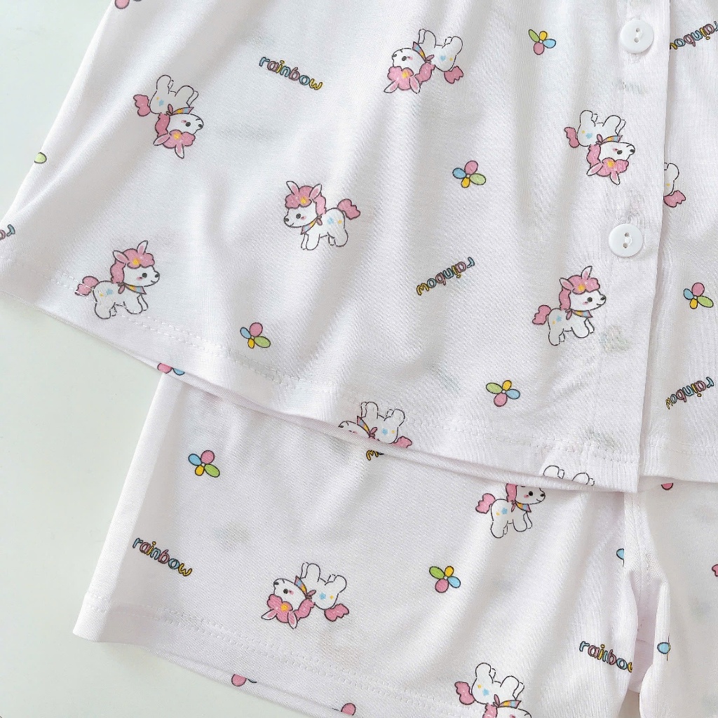 Bộ hè bé gái Tencel Lycra mỏng mát lạnh Lá Homewear A393, bộ cộc tay cho bé quần đùi babydoll