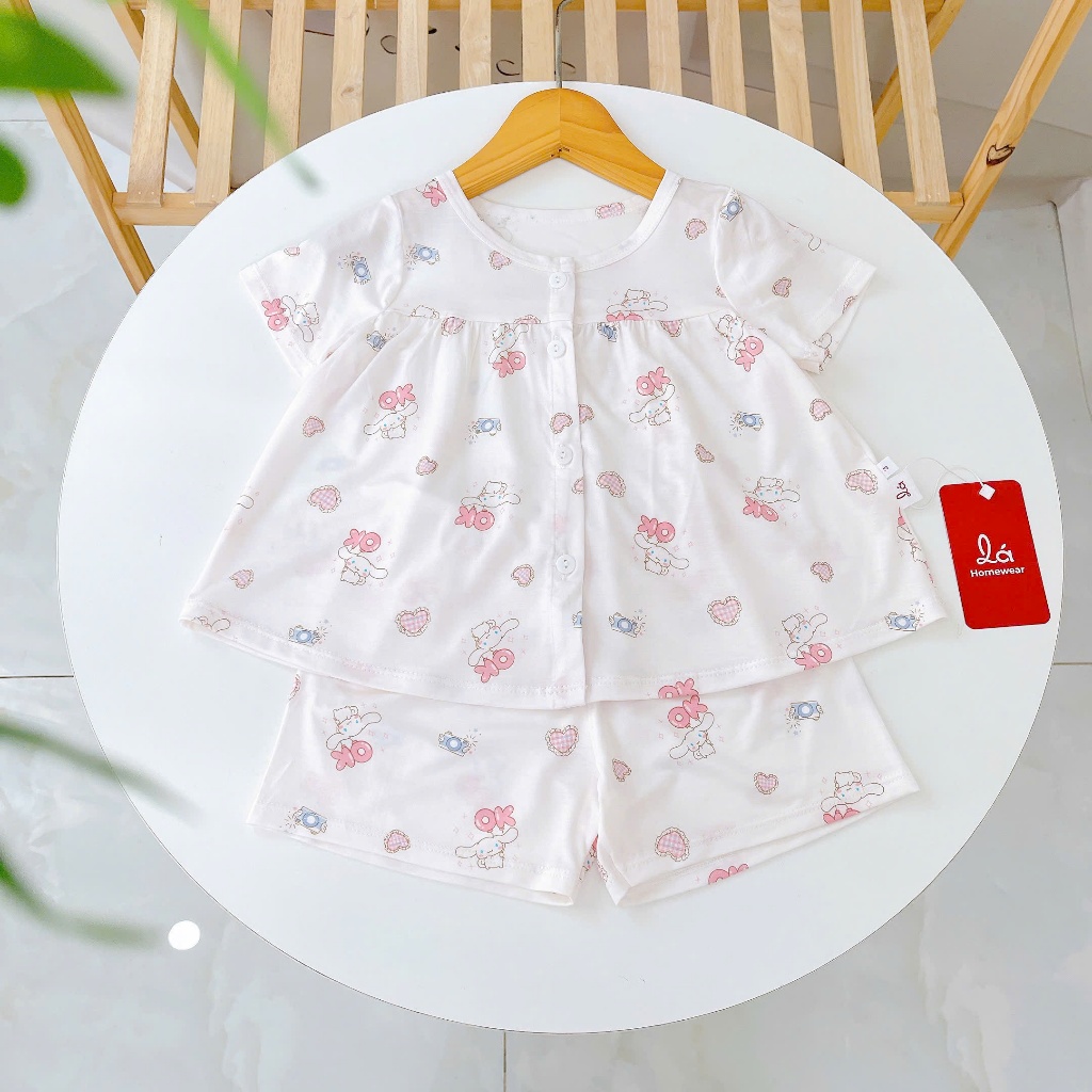 Bộ hè bé gái Tencel Lycra mỏng mát lạnh Lá Homewear A393, bộ cộc tay cho bé quần đùi babydoll
