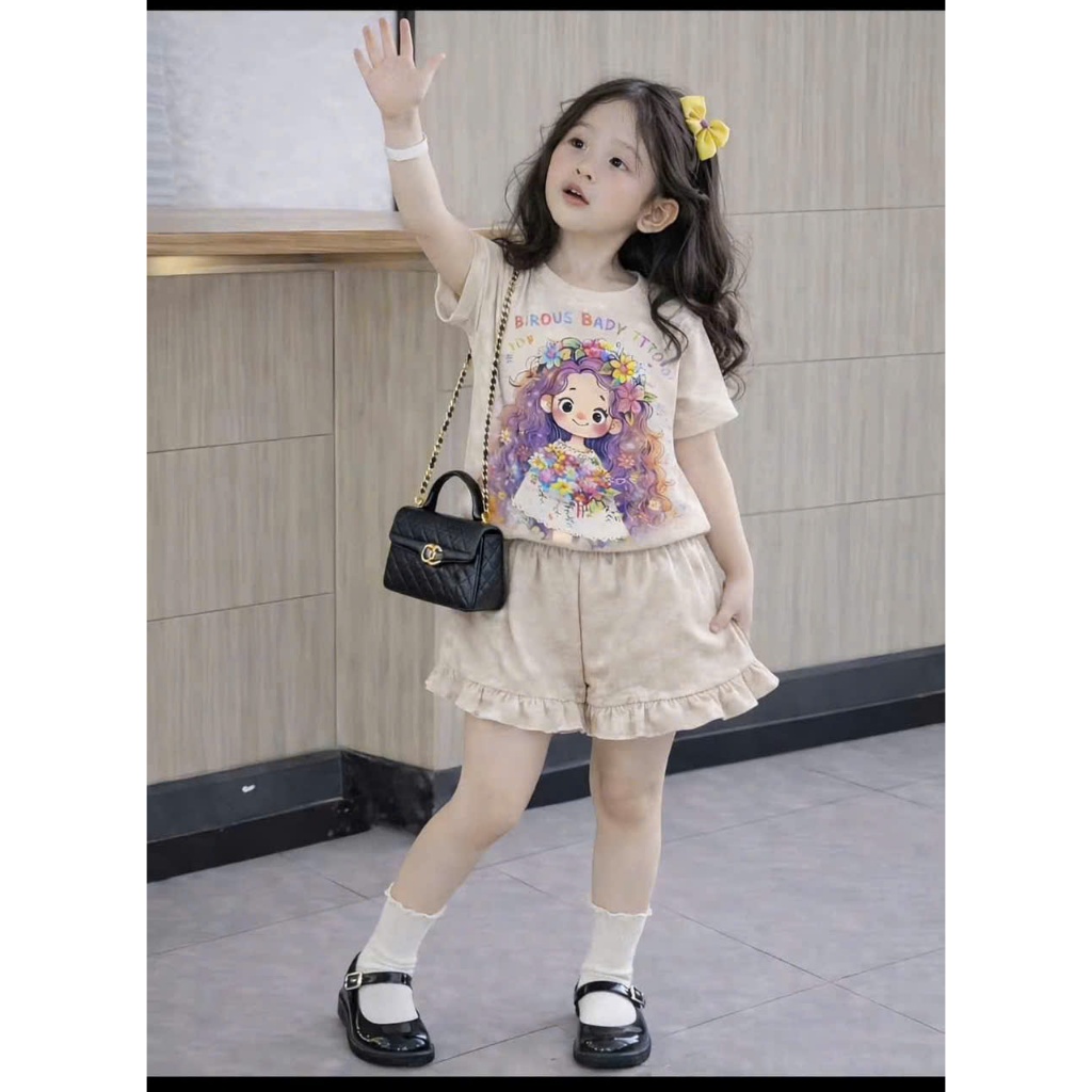 Sét Cộc Tay Cô Gái Quần Phối Bèo Chết Xu 4 Chiều Dành Cho Bé Gái Từ 9-37kg
